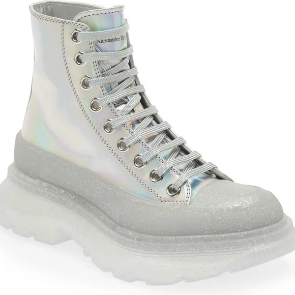 Alexander McQueen Shoes - ALEXANDER MCQUEEN Tread Slick Holographic High Top Sneaker silver iridescent